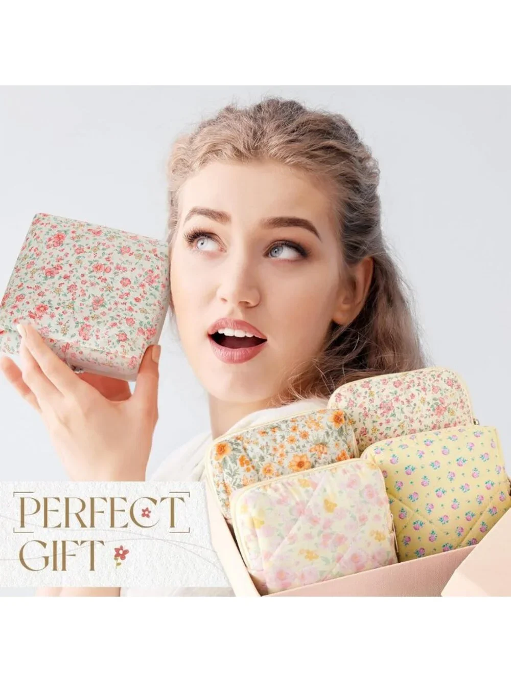 4 Pcs Mini Floral Makeup Bags - Cute Quilted Pouches for Travel & Gifts